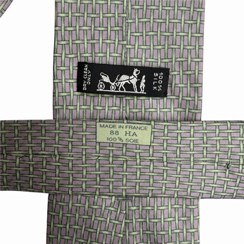 Hermes Mens Tie Basketweave Print Purple/Green Silk 88 HA 3.75" (W) x 63.25" (L) - Picture 3 of 5